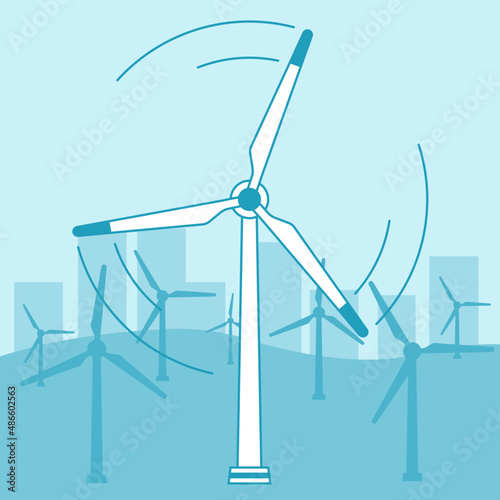Wind turbines in front of the city skyline in the background. Flat style modern design of ecology factory landscape. Green wind energy.