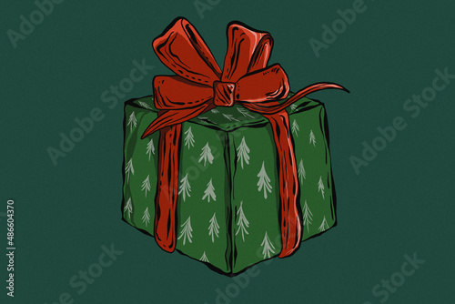 green christmas present with a red ribbon