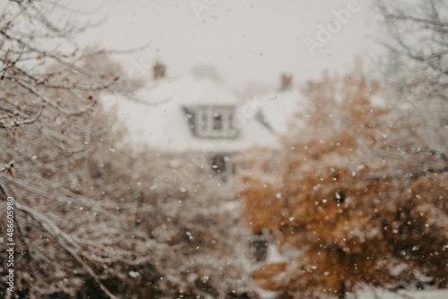 A snowy suburban neighborhood photo