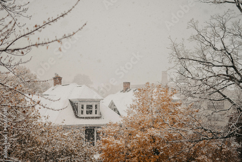 A snowy suburban neighborhood photo