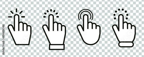 Pointer cursor сomputer mouse icon. Clicking cursor, pointing hand clicks icons on transparent background. Click cursor - stock vector.