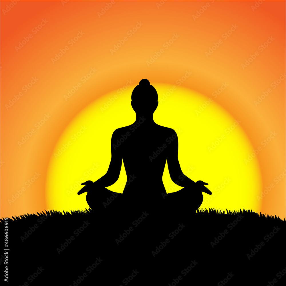 Yoga lotus pose black silhouette on sunset background. Woman character meditating in nature during sunrise, dawn.