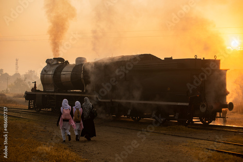School Girls and the Steam locomotive ! photo