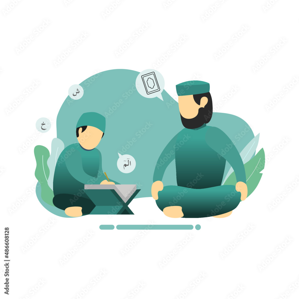 Reciting the Holy Quran with Sheikh Flat Illustration Moslem
