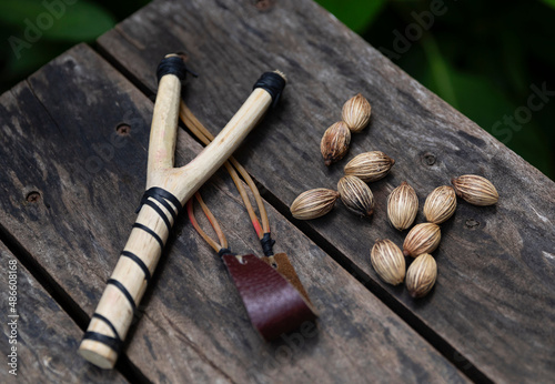 Handmade Slingshot Still life with nuts for shooting  photo