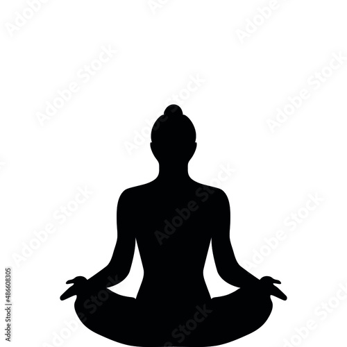 Yoga lotus pose black silhouette on sunset background. Woman character meditating in nature during sunrise, dawn.