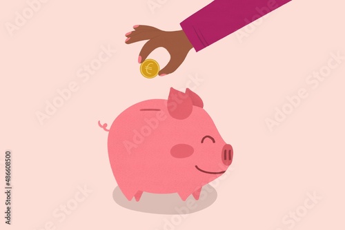 Person saving money in Piggy bank illustration photo