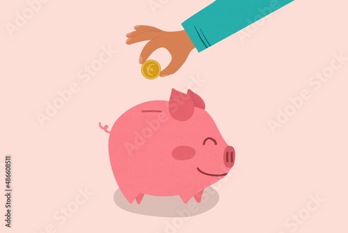 Person saving money in Piggy bank illustration photo