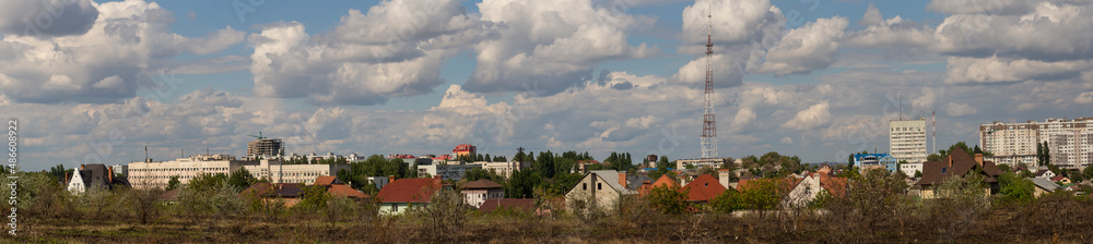 Obraz na płótnie Outskirts of Chisinau. Panorama with the capital of Moldova. Cloudy sky before the rain. w salonie