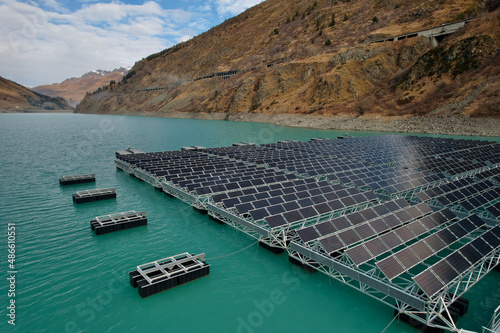 Renewables - floating solar energy power on hydropower dam photo