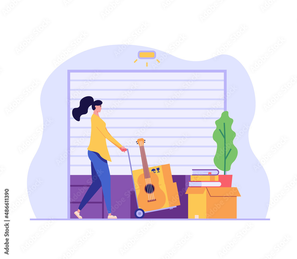 Woman carrying personal items to rental self-storage unit. Girl walking with cart in garage. Concept of self storage unit, small mini warehouse, rental garage. Vector illustration in flat design Woman carrying personal items to rental self-storage unit. Girl walking with cart in garage. Concept of self storage unit, small mini warehouse, rental garage. Vector illustration in flat design
