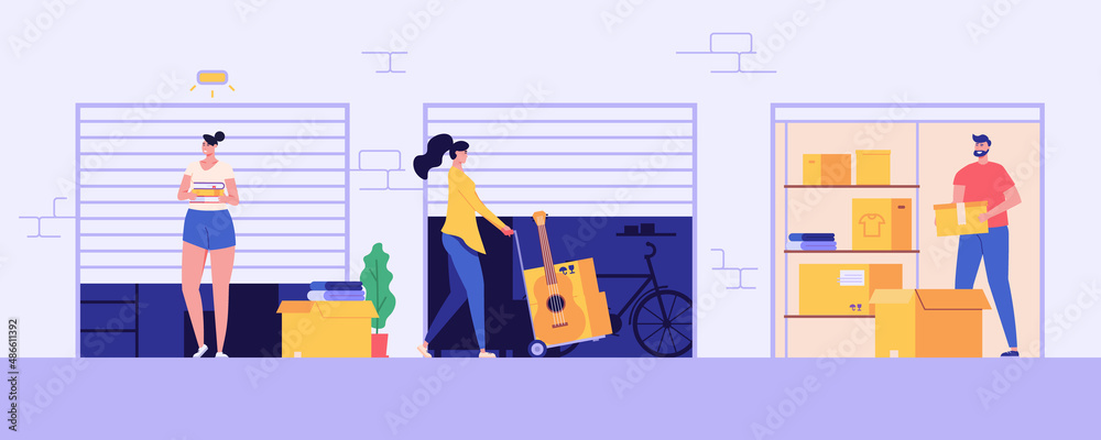 Neighbors keeping personal items in rental self-storage units. Man and women holding boxes. Concept of self storage unit, small mini warehouse, rental garage. Vector illustration in flat design Neighbors keeping personal items in rental self-storage units. Man and women holding boxes. Concept of self storage unit, small mini warehouse, rental garage. Vector illustration in flat design
