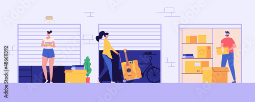 Neighbors keeping personal items in rental self-storage units. Man and women holding boxes. Concept of self storage unit, small mini warehouse, rental garage. Vector illustration in flat design photo