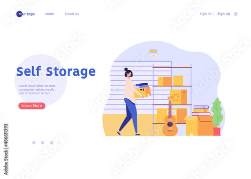 Woman keeping personal items in rental self-storage unit. Rent mini garage. Concept of self storage unit, small mini warehouse, rental garage. Vector illustration in flat design for web banner