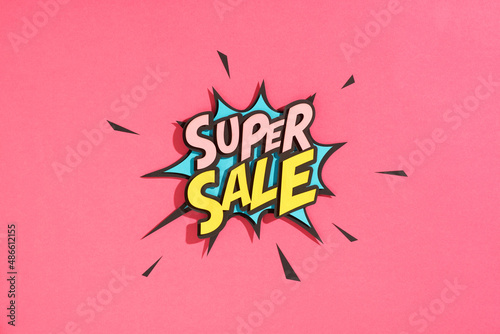 Special offer banner with comic lettering SUPER SALE! in the speech bubble comic style flat design. photo
