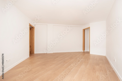Large empty room with two oak doors and light colored wooden flooring