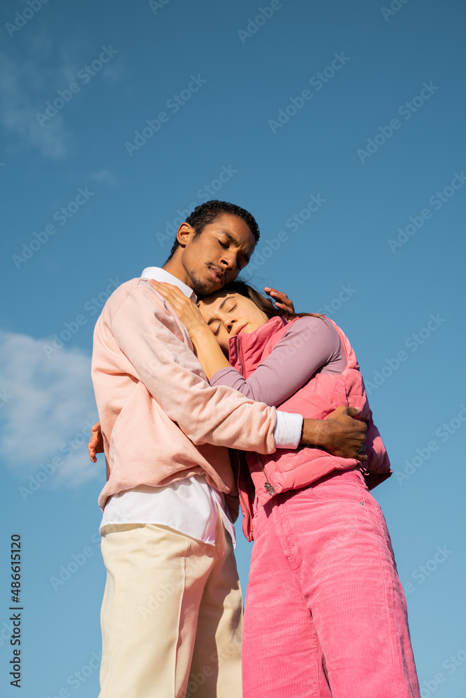 Portrait of loving friends hugging Portrait of loving friends hugging