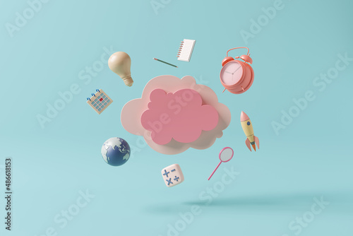 3d cloud pink shape text box kid cute imagine creative alarm clock globe rocket light bulb pencil and calculator pastel connected world online technology object of learning education. 3D Illustration.
