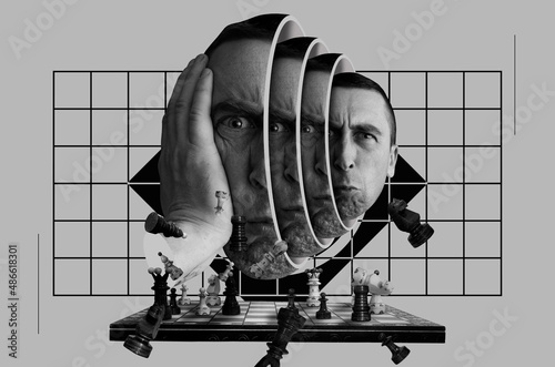 Chess and surrealistic head of a man photo