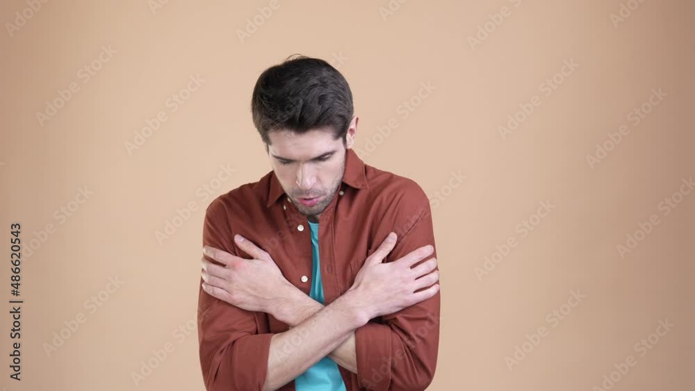 Guy tremble shake cold windy weather isolated pastel color background Guy tremble shake cold windy weather isolated pastel color background