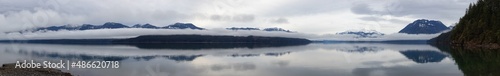 Panoramic view of Harrison Lake with mountains in background. Canadian Nature Background Panorama. British Columbia, Canada.