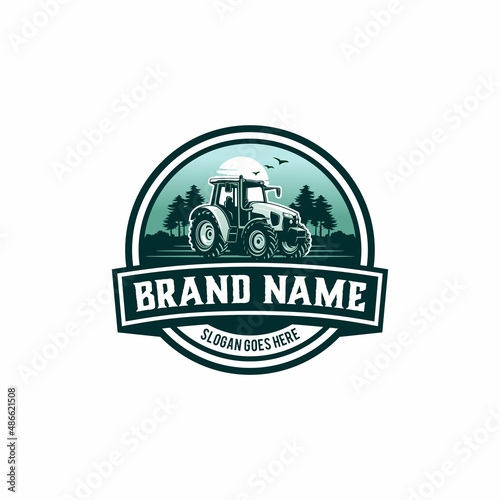 farm logo with tractor and nature backgorund in retro style