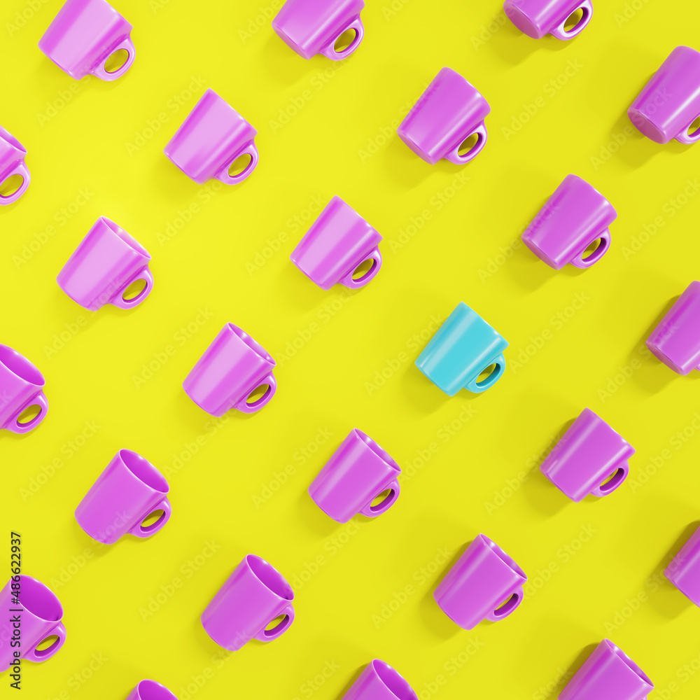 3d rendering of purple mugs among which one is blue on a yellow background 3d rendering of purple mugs among which one is blue on a yellow background