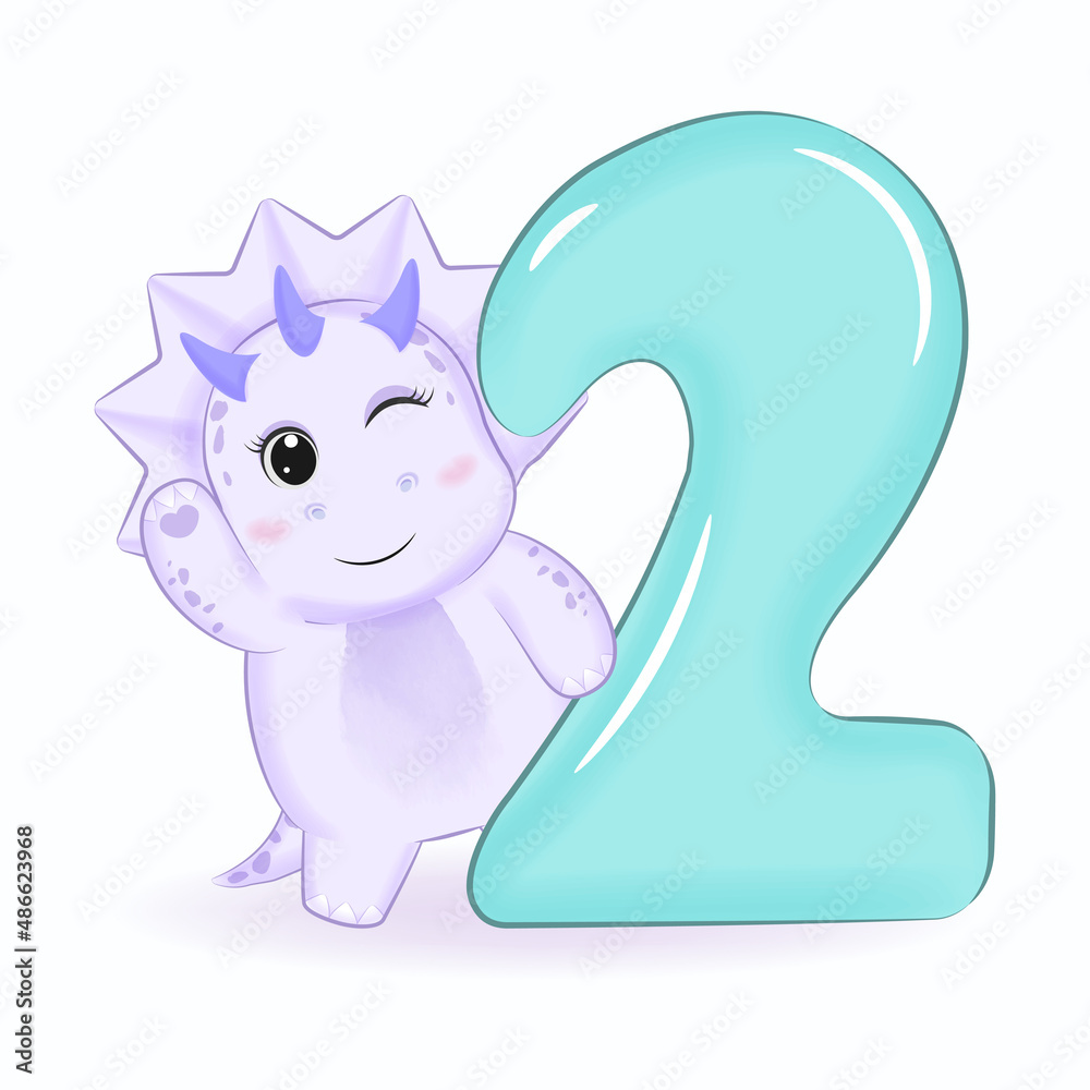 Fototapeta premium Cute little Dinosaur with Alphabet Number 2