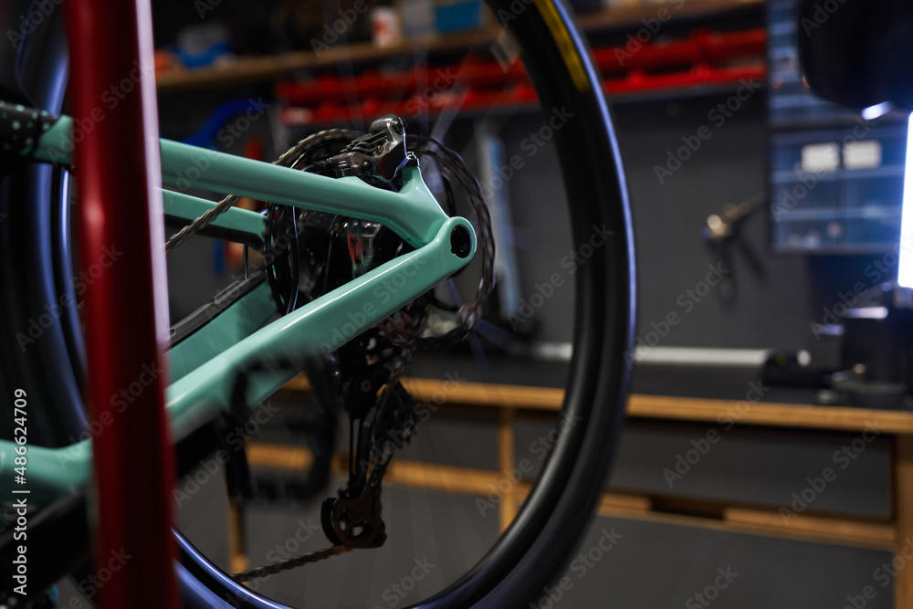 Mountain bike in a repair shop Mountain bike in a repair shop