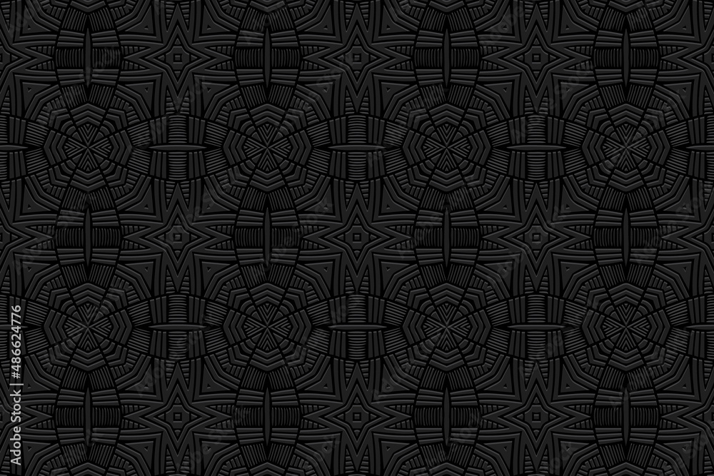 Fototapeta premium Embossed ethnic black background, spectacular cover design. Geometric creative ornamental 3D pattern. Artistic creativity of the peoples of the East, Asia, India, Mexico, Aztecs.