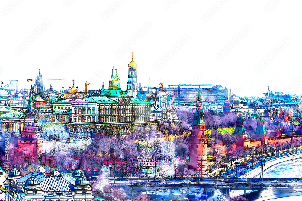 Sketch and Drawing with watercolor of moscow city sunset, St. Basil's Cathedral and Kremlin Walls and Tower in Red square, Moscow, Russia,