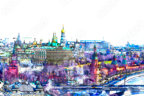 Photography Sketch and Drawing with watercolor of moscow city sunset, St