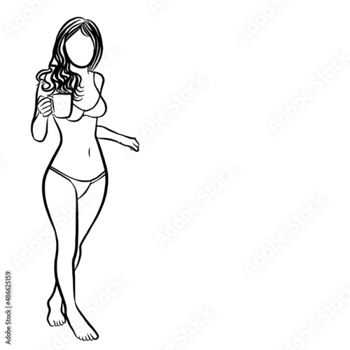 Girl in a bikini holding a mug. Simple illustration with lines and white background. Vector art.