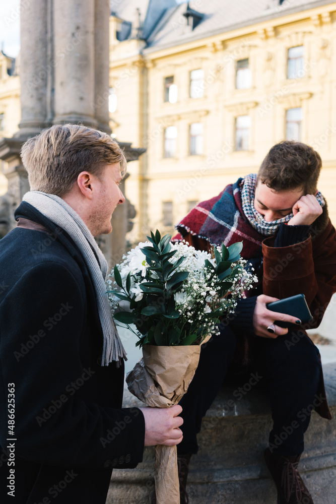 Gay couple spending Valentine's day together outdoors Gay couple spending Valentine's day together outdoors