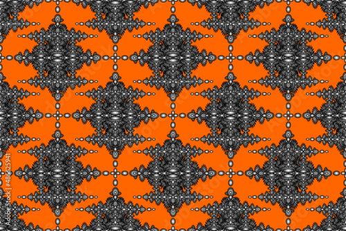 Seamless geometric ethnic fabric pattern, black and white floral pattern, Thai fabric pattern design, carpet, wallpaper, curtain, cushion, clothing, batik, orange background fabric pattern