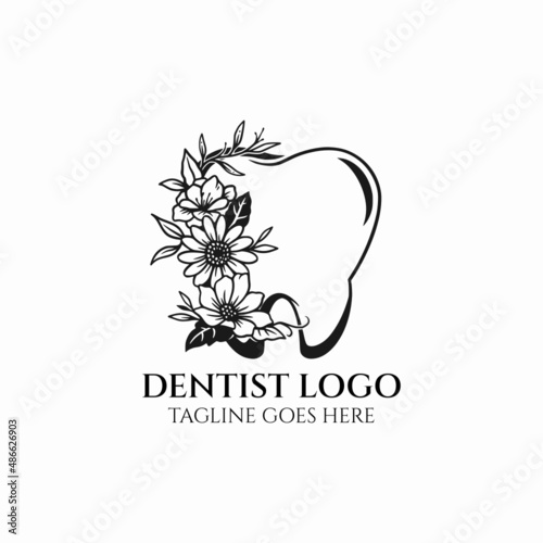 dentist logo, dental icon tooth vector, dentist with flower illustration