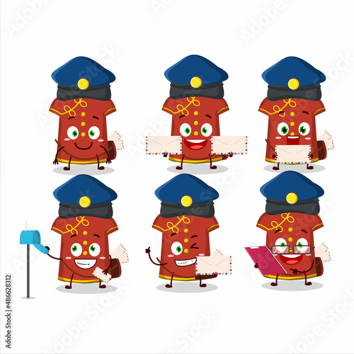 A picture of cheerful red clothing kids chinese woman postman cartoon design concept