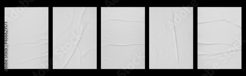 white paper wrinkled poster template , blank glued creased paper sheet mockup.