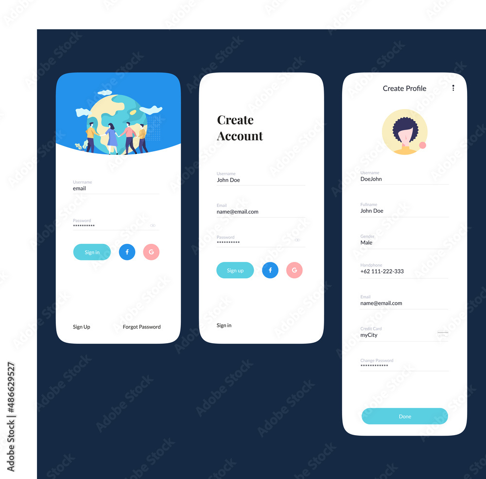 user interface design for registration with flat style