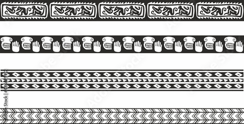 Vector monochrome set of seamless indian national native american borders. Endless ethnic ornaments of the peoples of America, Aztec, Maya, Inca, Peru, Brazil, Mexico, Honduras, Guatemala. 
