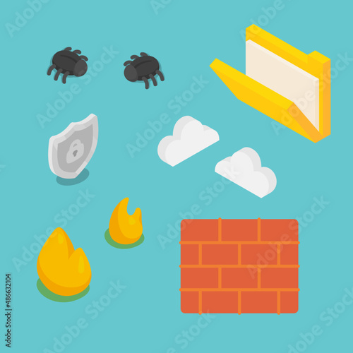 element of sandbox firewall technology and bug isometric 3D vector illustration