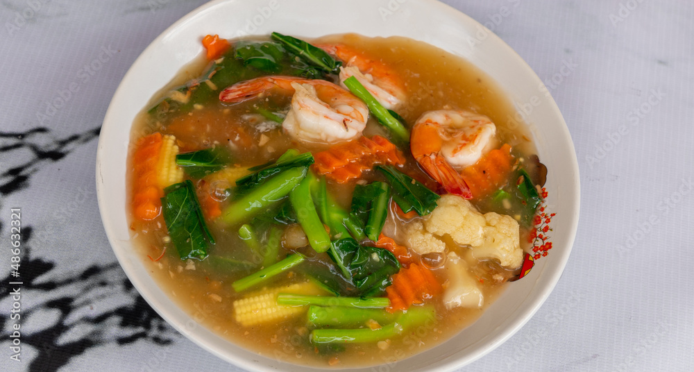 Thai Mixed Rice and Soup & Fried Bananas. 