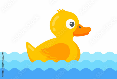 a small yellow duck floats on the water. bath toy. flat vector illustration.