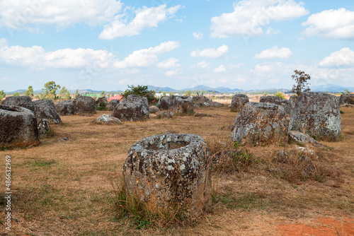 Plain of Jars is unique archaeological landscape destroyed from cluster bombs. Phonsovan, Xieng Khouang Province, Laos. photo