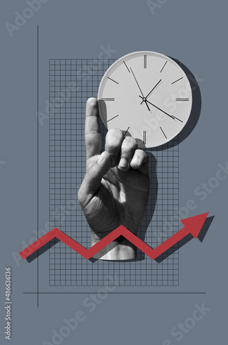 Growth Red Chart, Hand With Index Finger And Clock photo