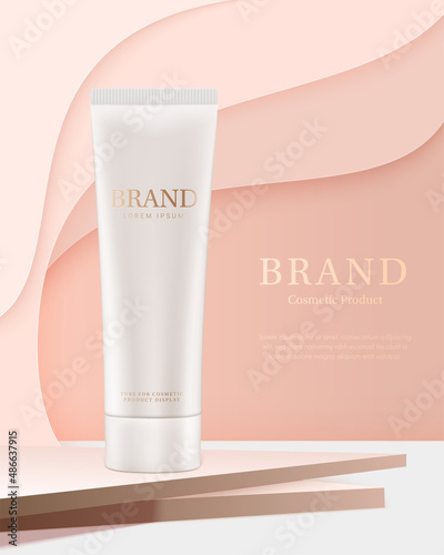 White tube of cosmetic product. Spa or skin care product ads on multi layered wavy background. Vector illustration.