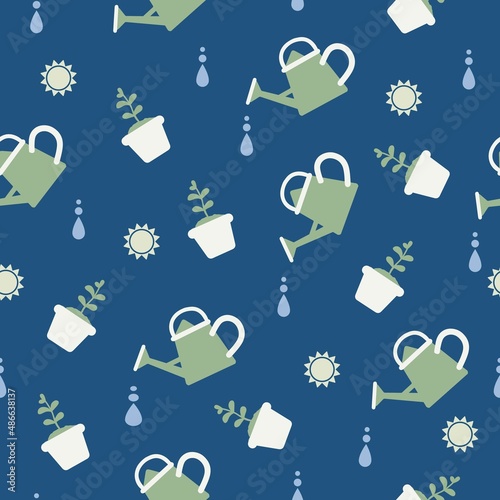 Gardening and Watering Cans Vector Graphic Seamless Pattern