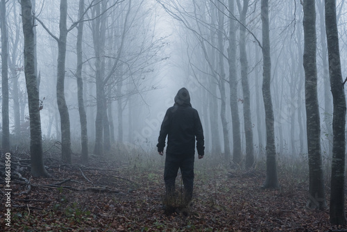 A spooky hooded figure in a forest photo