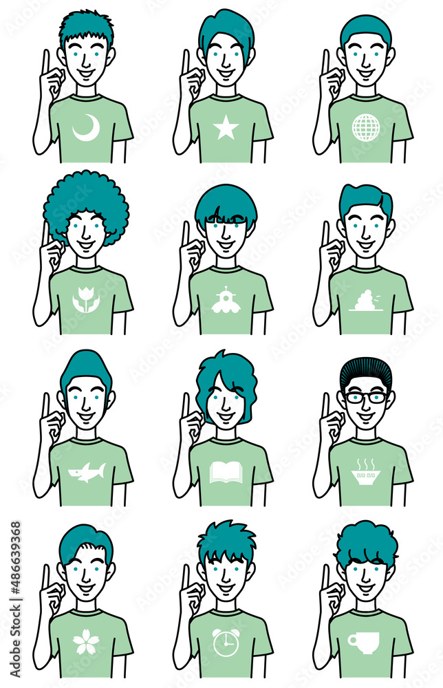 人差し指を立てる、いろいろな髪型の男性の顔