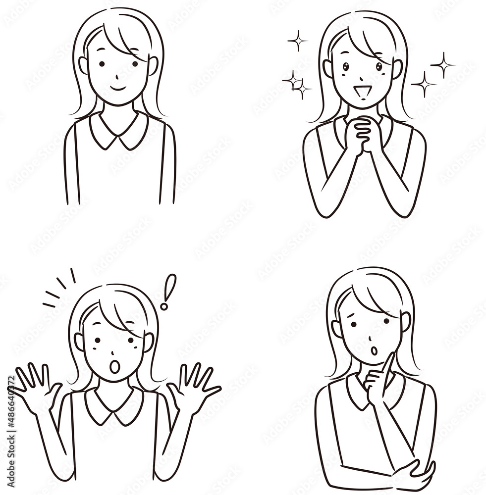 Line drawing facial expression illustration of a young woman Line drawing facial expression illustration of a young woman